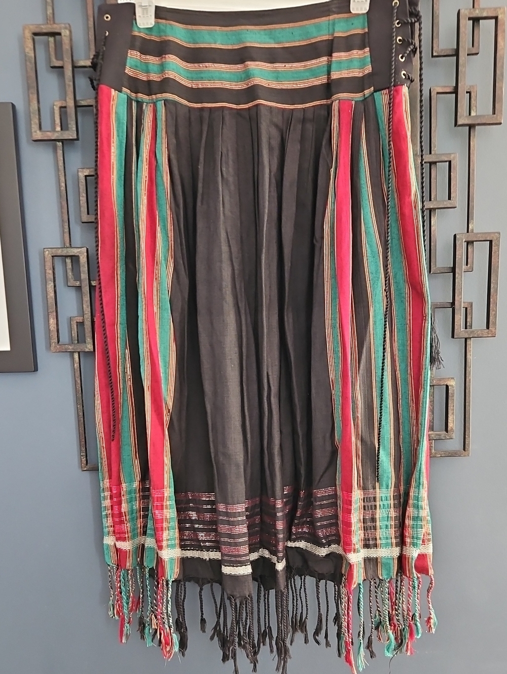 Vintage Fringe Midi Skirt Metallic Multi Stripe Made In India Size L/M